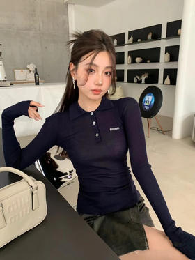 821-2 圆正渠道货 miu羊绒/桑蚕丝 坑条针织 polo领长袖针织打底衫