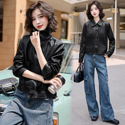 雀说 女式皮衣秋冬女新款翻领外套百搭帅气复古PU皮衣 4ZF-CL24155 商品图5