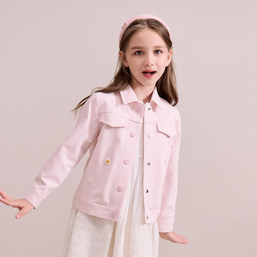 mettekids儿童粉色牛仔外套2024秋新款女童绣花正肩中空纱夹克 商品图2