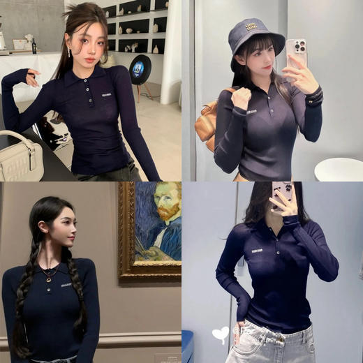 821-2 圆正渠道货 miu羊绒/桑蚕丝 坑条针织 polo领长袖针织打底衫 商品图1