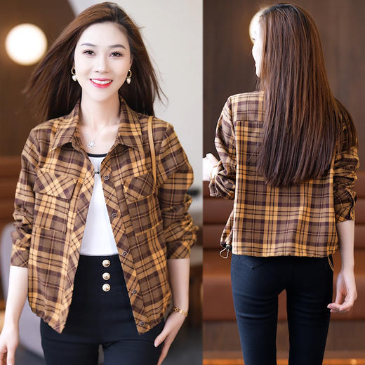 HT1000835129 长袖格子衬衫外套女春秋2024年早春新款短款衬衣显瘦韩版女士上衣 商品图2