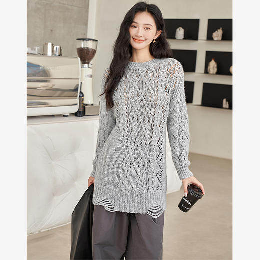 慵懒风镂空针织衫毛衣女秋季新款设计感宽松套头上衣女V2038424 商品图3