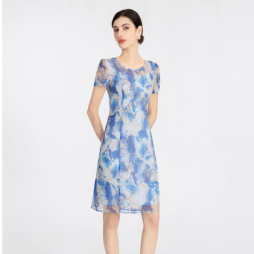 司歌刺绣印花大圆领连衣裙短袖端庄优雅A891190X 商品图0