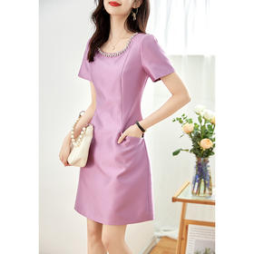 法式小众设计感重工钉钻圆领斜纹丝毛收腰遮肉显瘦连衣裙WLZD-2310201