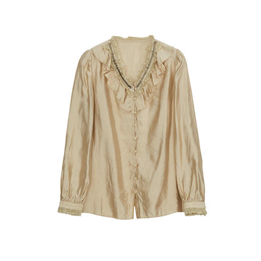 谜底V领衬衫长袖女士2024秋新品通勤风气质蕾丝花边衬衣243MC1155 商品图4