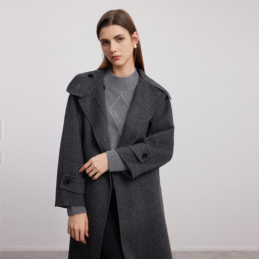 【人字纹羊毛羊绒大衣】24年秋季新品女士绵羊毛中长款大衣时尚人字纹大衣 商品图1