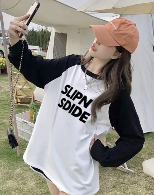 【YW】无忧购韩版休闲百搭宽松显瘦印花220g纯棉插肩长袖T恤（截单后7天发货 商品图2