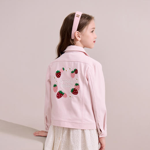 mettekids儿童粉色牛仔外套2024秋新款女童绣花正肩中空纱夹克 商品图1