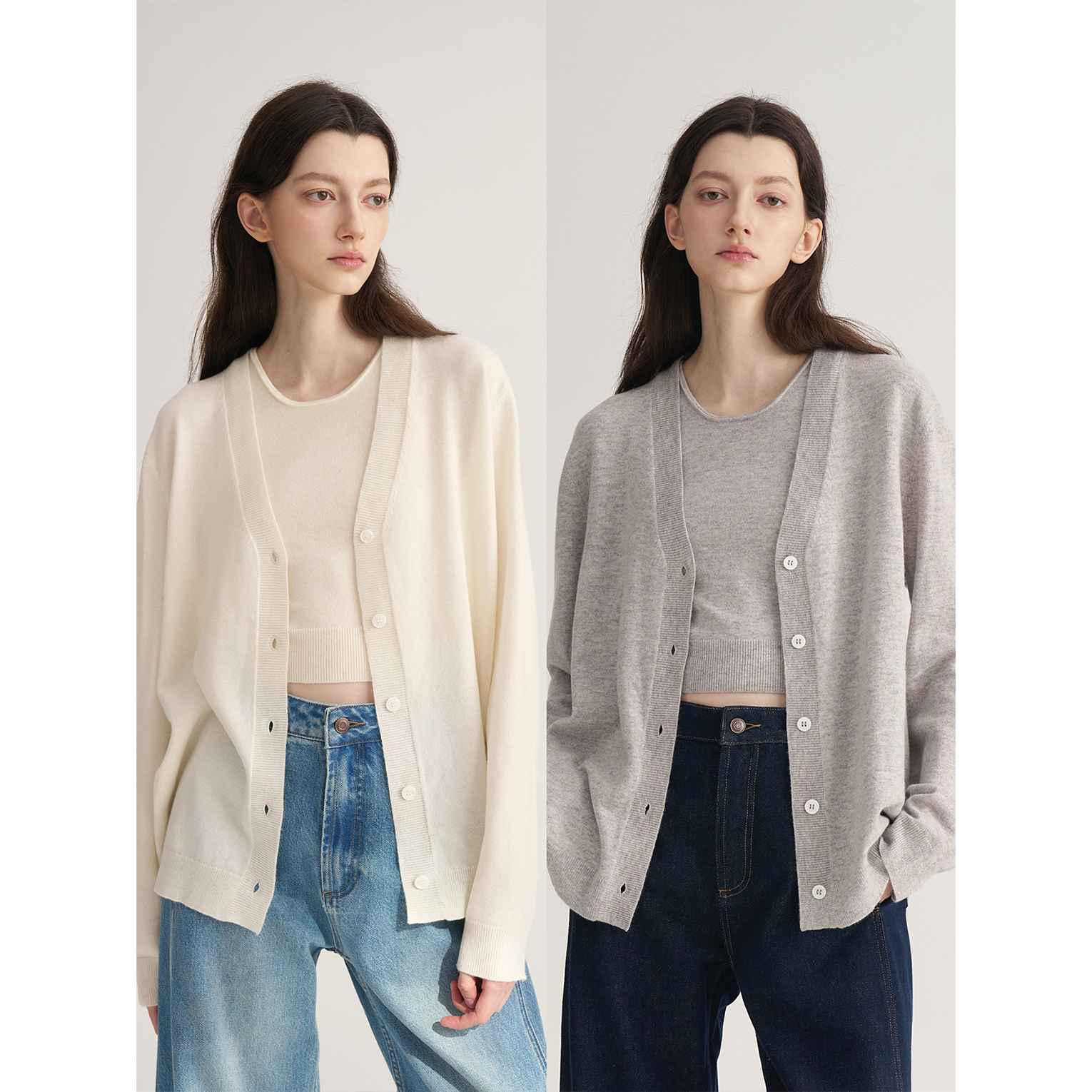 MAISON CECILE奶白/浅灰羊绒羊毛针织宽松百搭开衫