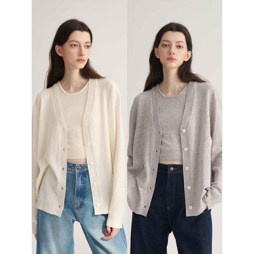 MAISON CECILE奶白/浅灰羊绒羊毛针织宽松百搭开衫 商品图0