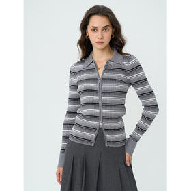 HeyDress条纹翻领针织衫女秋季修身显瘦法式双拉链polo领开衫上衣