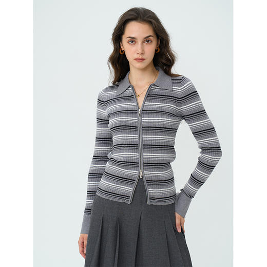 HeyDress条纹翻领针织衫女秋季修身显瘦法式双拉链polo领开衫上衣 商品图0