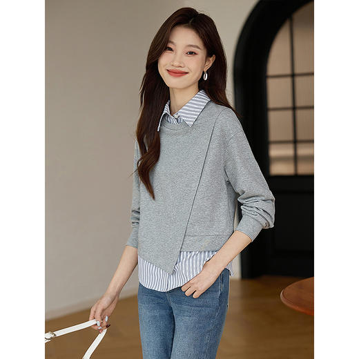 【129选3件，不退换】熙世界时尚条纹拼接假两件卫衣女2025秋季新款休闲别致衬衫领上衣 商品图2