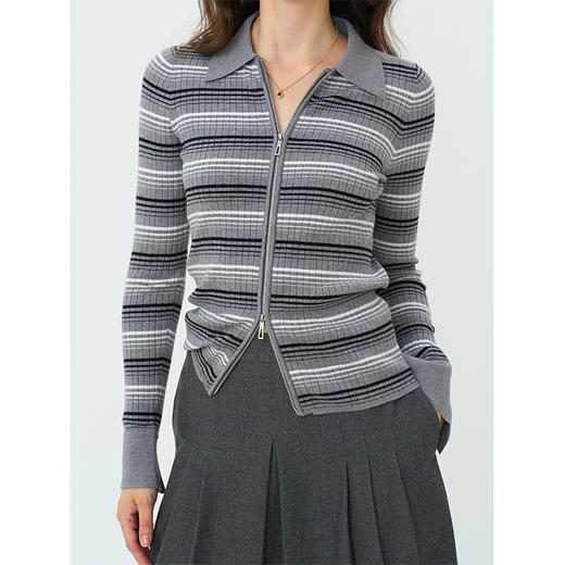 HeyDress条纹翻领针织衫女秋季修身显瘦法式双拉链polo领开衫上衣 商品图2