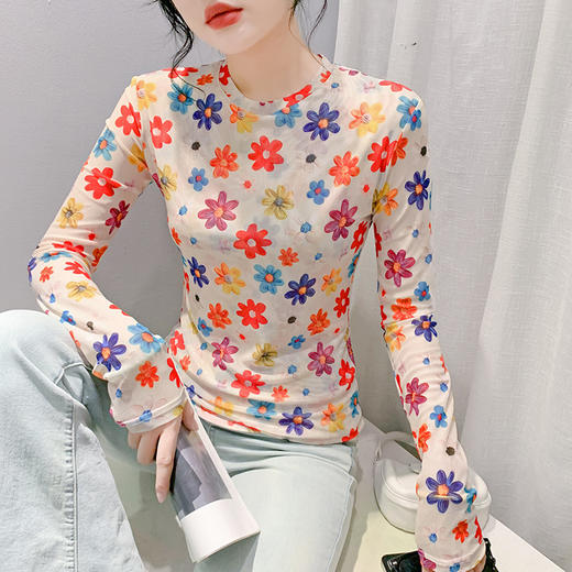 KQL-222H8132秋季新款欧货女扎染印花打底衫网纱上衣女修身套头内搭T恤 商品图0