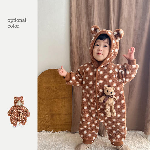 【韩版卡通小熊连体衣】婴儿衣服秋冬款连帽加绒哈衣男宝宝外出爬爬服 商品图1