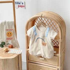 【彩虹小熊假两件哈衣】2024夏款韩版童装婴儿连体衣男宝宝短爬外出服