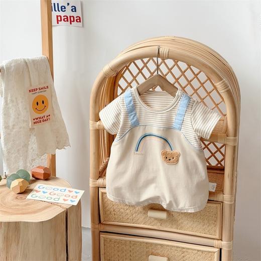 【彩虹小熊假两件哈衣】2024夏款韩版童装婴儿连体衣男宝宝短爬外出服 商品图1