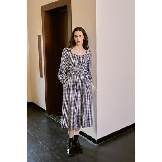 HeyDress复古黑白格连衣裙女秋季抽褶收腰设计法式浪漫长袖裙子 商品图0