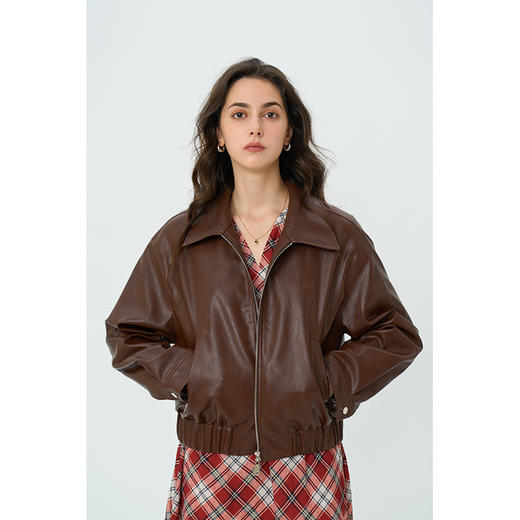 （小眠专属）HeyDress翻领刺绣皮衣外套女秋季宽松复古红棕色pu皮夹克短款上衣 商品图0