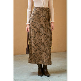 HeyDress新中式竹叶印花半身裙女秋季垂坠气质开叉直筒a字裙子