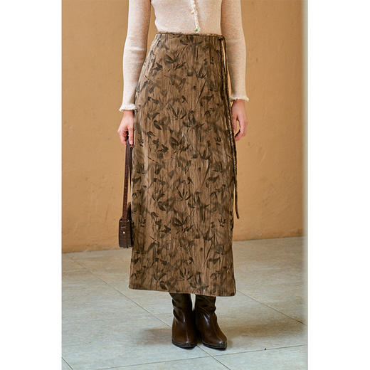 HeyDress新中式竹叶印花半身裙女秋季垂坠气质开叉直筒a字裙子 商品图0