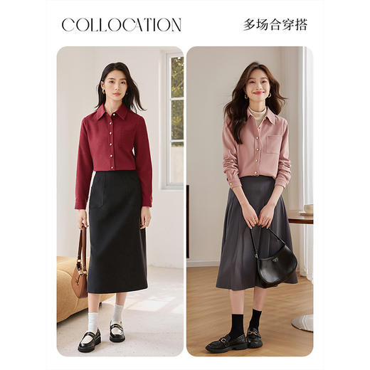 【年货节】熙世界法式气质酒红色衬衫2025秋装长袖通勤休闲高级感磨毛衬衣 商品图4