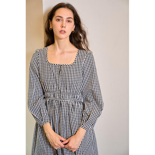 HeyDress复古黑白格连衣裙女秋季抽褶收腰设计法式浪漫长袖裙子 商品图1