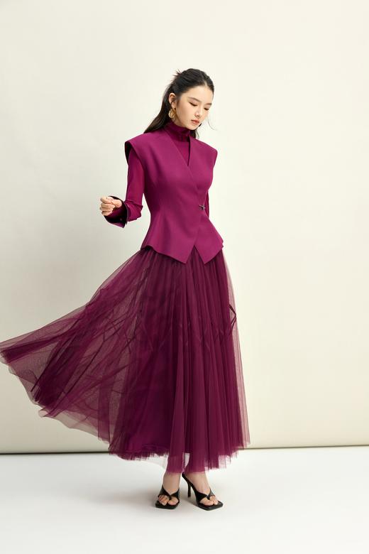 HJ3B50_漆黑/棠梨褐色_半身裙_秋冬_高级感垂感网纱高腰显瘦 A 字长裙_高级女装_BERNIEELEN 伯妮斯茵 商品图3