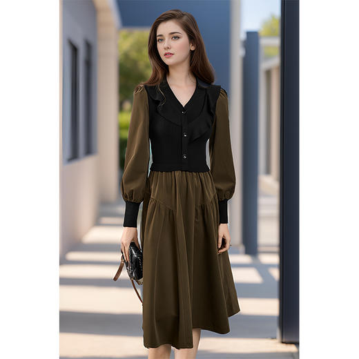 8/22奢姿大码女装2024秋季气质V领裙子胖妹妹时尚荷叶边拼接连衣裙9943855149 商品图4