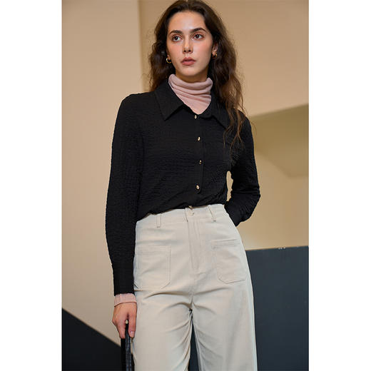 HeyDress翻领衬衫女秋季泡泡肌理感休闲宽松衬衣通勤百搭长袖上衣 商品图3