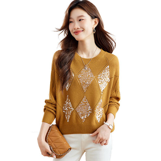 CC-XFY2085早秋季圆领亮片针织衫女短款秋装2024新款高腰上衣打底衫春秋百搭 商品图4