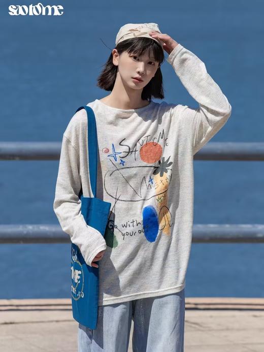 早乙女惠子saotome/STMCX243158/彩棉涂鸦印花轻薄罩衫T恤 商品图0