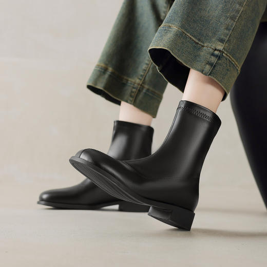 阿么手工女鞋【羊皮垫】显瘦黑色短靴2025冬季新款弹力瘦瘦靴女3CM 商品图2