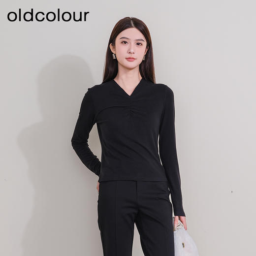 oldcolour冬季新款纯色V领宽松百搭长袖T恤打底内搭女P420201A1 商品图3