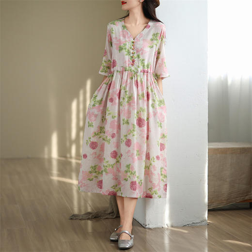 GYH 5537复古气质温婉飘逸洋气印花褶皱大摆连衣裙 商品图1