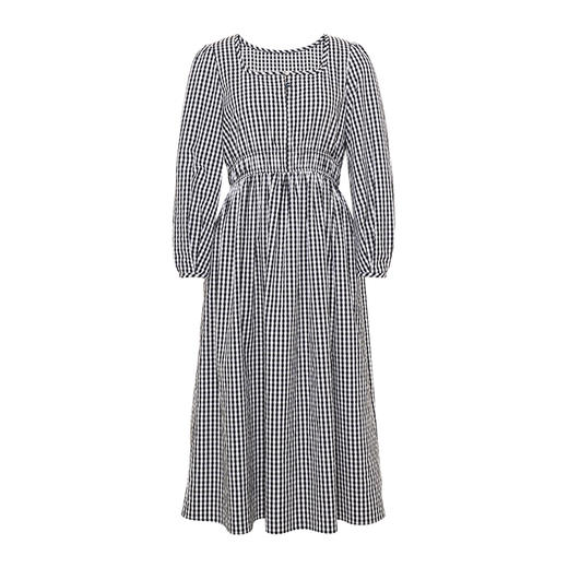 HeyDress复古黑白格连衣裙女秋季抽褶收腰设计法式浪漫长袖裙子 商品图4