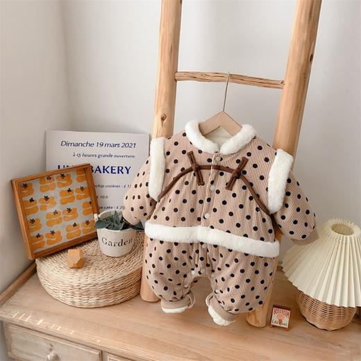 【韩版婴幼儿波点长爬】2024冬季棉服保暖加厚连体衣爬爬服宝宝外出服 商品图1