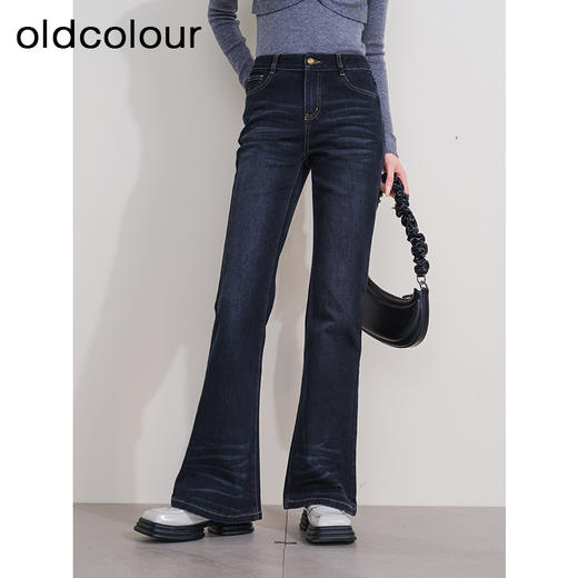oldcolour冬季新款深蓝色复古气质高腰百搭微喇牛仔裤女P431104A1 商品图0