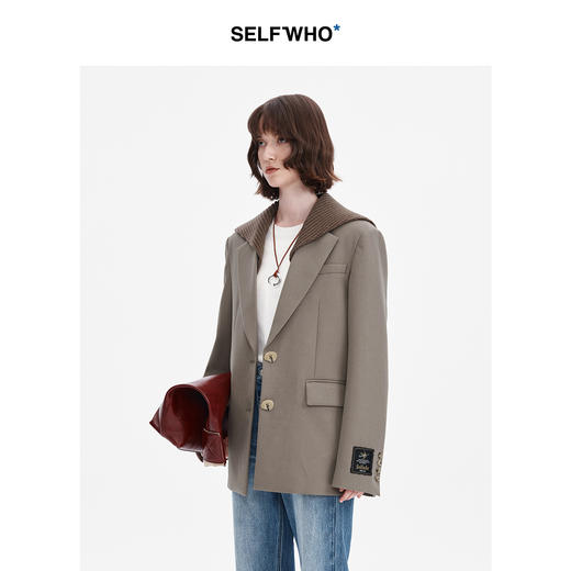 SELFWHO羊毛混纺橄榄棕西装外套女2024秋新款休闲通勤海军领西服 商品图1