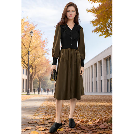 8/22奢姿大码女装2024秋季气质V领裙子胖妹妹时尚荷叶边拼接连衣裙9943855149 商品图2