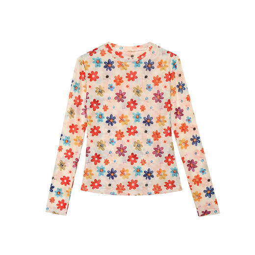 KQL-222H8132秋季新款欧货女扎染印花打底衫网纱上衣女修身套头内搭T恤 商品图4