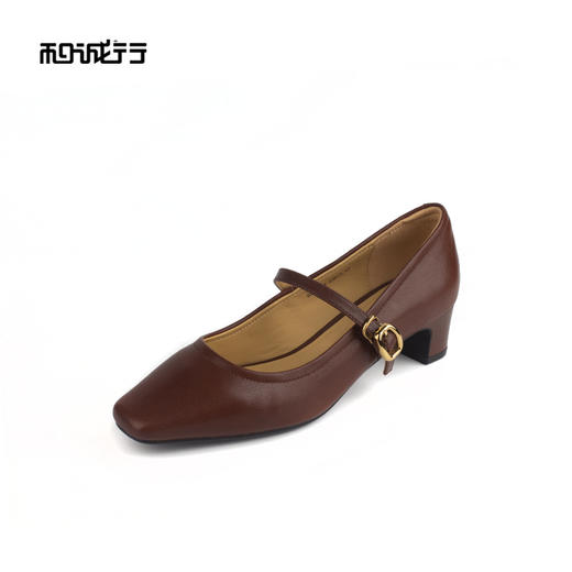和诚行 2024秋冬新款法式复古方头皮鞋女浅口气质中跟单鞋0210284 商品图1