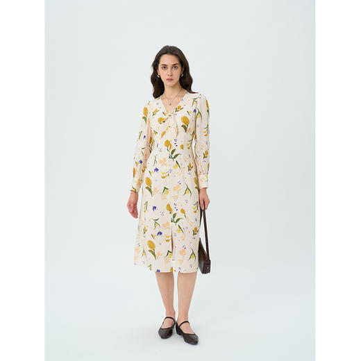 Heydress柠檬印花连衣裙女秋季法式v领收腰显瘦清爽优雅长袖裙子 商品图2