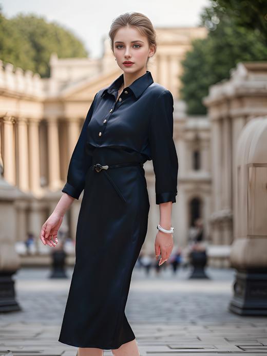 复古通勤翻领气质衬衫连衣裙 商品图2