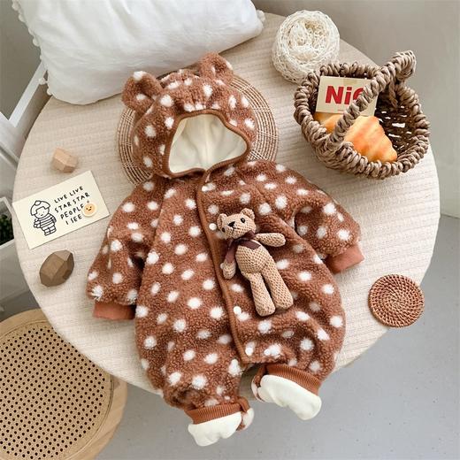 【韩版卡通小熊连体衣】婴儿衣服秋冬款连帽加绒哈衣男宝宝外出爬爬服 商品图0