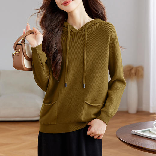 CC-XFY2090春秋黄色休闲连帽卫衣女短款秋装2024新款宽松长袖针织衫上衣带帽 商品图3