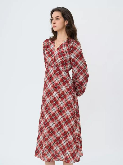 HeyDress红色格纹连衣裙女秋季V领高腰显瘦法式优雅a字长袖裙子 商品图4