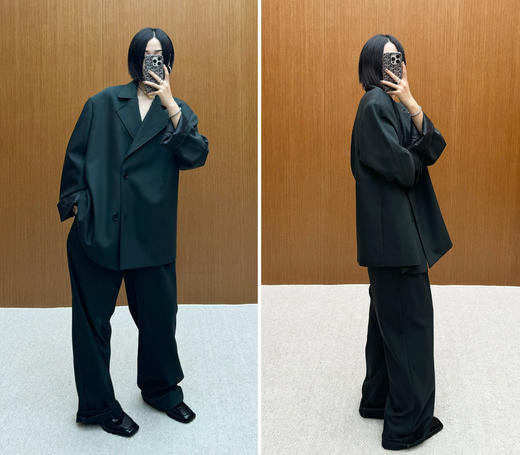 HIDEMI 莫兰迪灰蓝色显瘦双压褶中腰式设计感宽腿直筒西裤长裤 商品图1