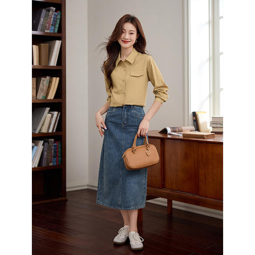 【年终特卖】熙世界卡其色天丝衬衫长袖小个子法式衬衣短款上衣2025秋季新款 商品图2
